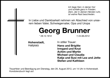 Traueranzeige von Georg Brunner von Hersbrucker Zeitung